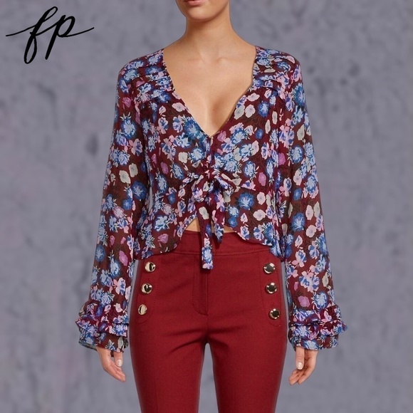 FREE PEOPLE NWT Maybel Tie Front Long Bell Sleeve Semi-Sheer Ruffle Blouse/Md - Picture 9 of 16